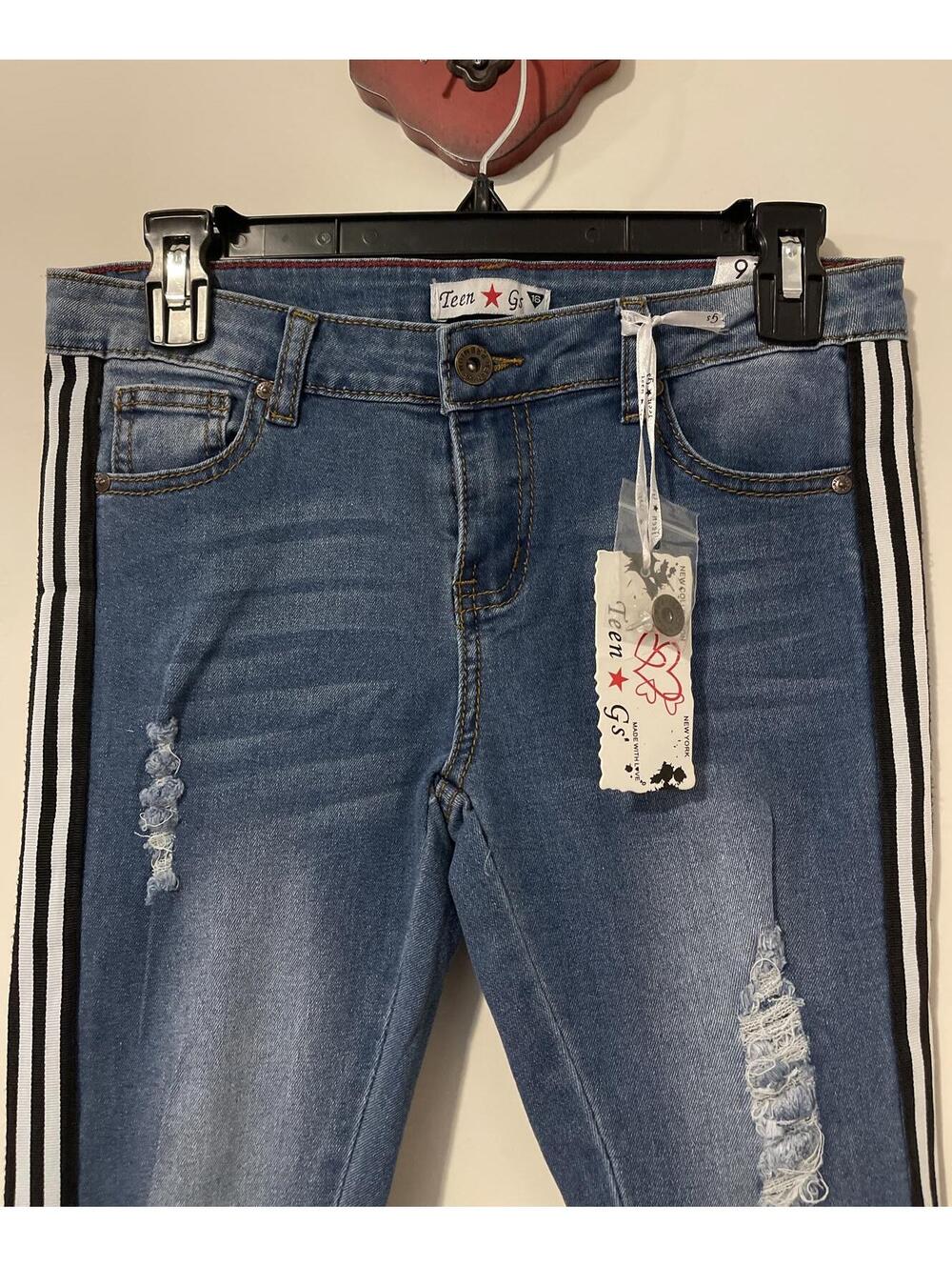 Teen Gs NY Sz 16 Girls Blue Striped Skinny Distressed Denim Jeggings NWT! M1232 - Picture 3 of 9